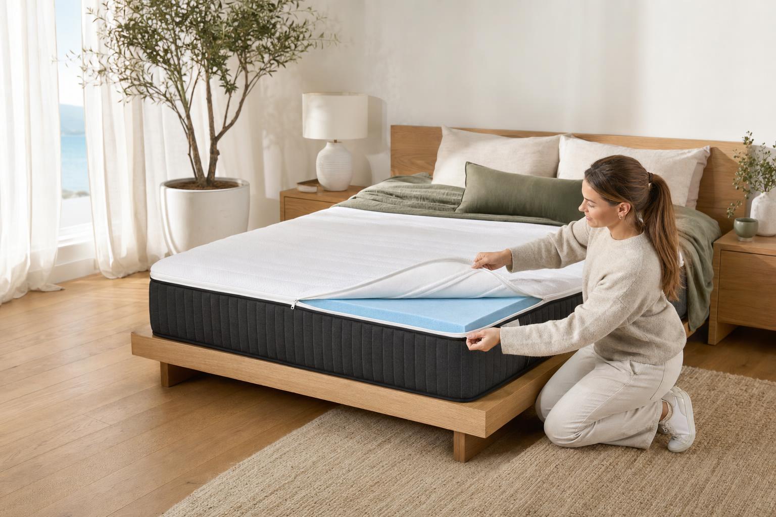 Unzipping the Flex Hybrid Mattress cover to flip the dual-feel comfort layer