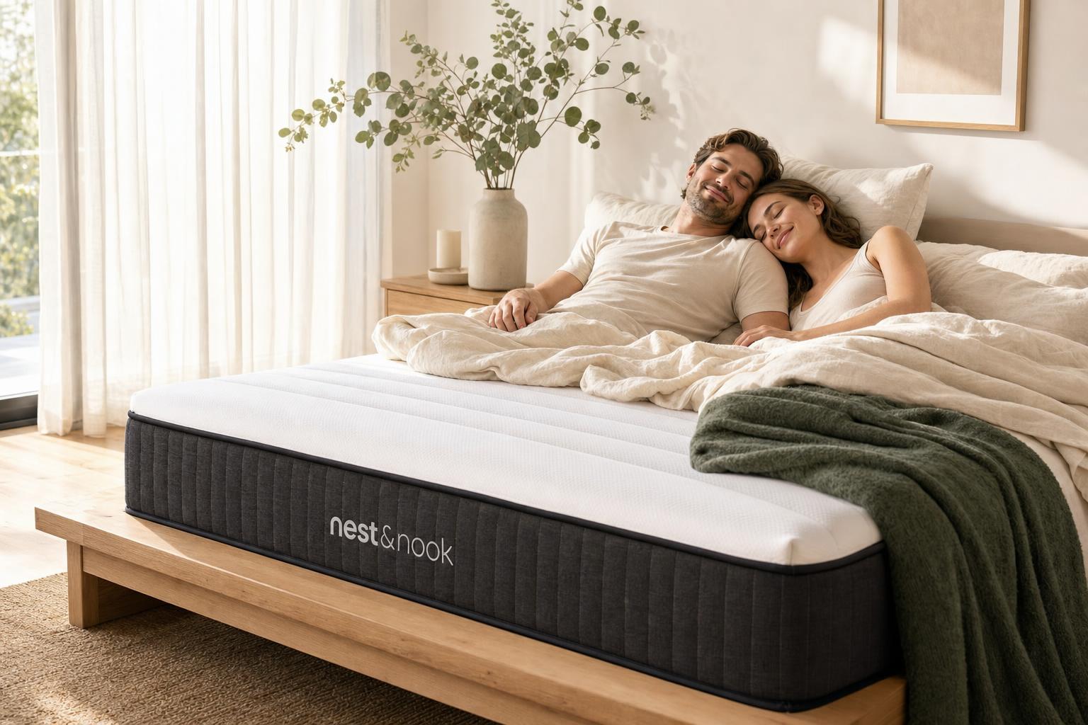 Couple relaxing on the Flex Hybrid Mattress at home during their 120-night trial